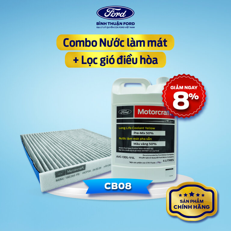 COMBO Nước Làm Mát Ô Tô Chính Hãng Motorcraft 4L, Màu Vàng + Lọc gió điều hòa ô tô | Motorraft Chính Hãng
