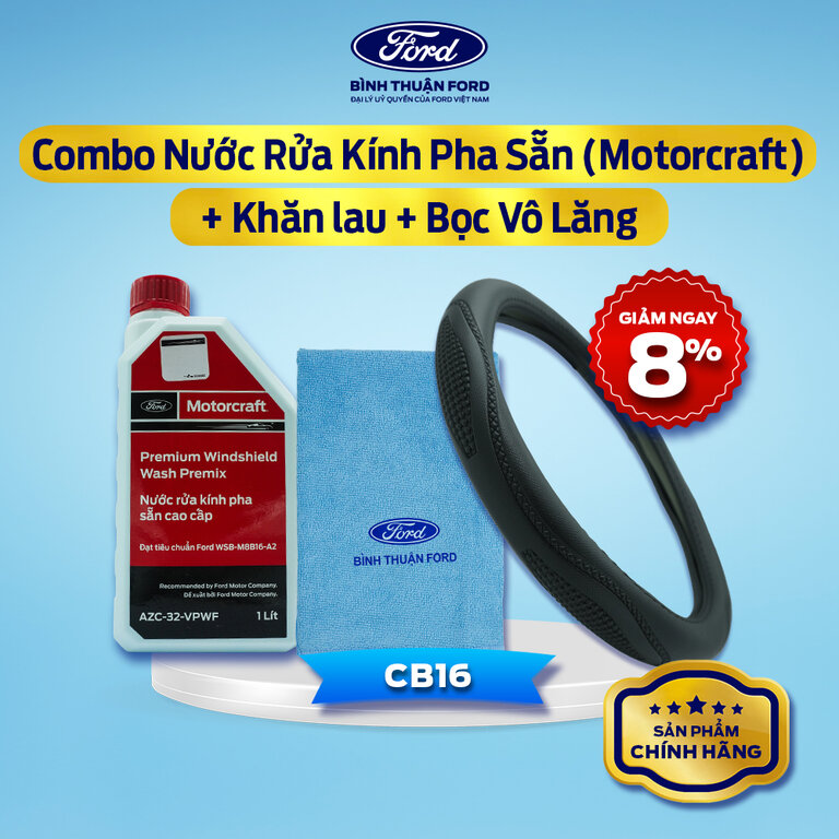 COMBO Nước Rửa Kính Ô Tô Pha Sẵn 1L (Motorcraft) + Khăn Lau + Bọc Vô Lăng Ô Tô